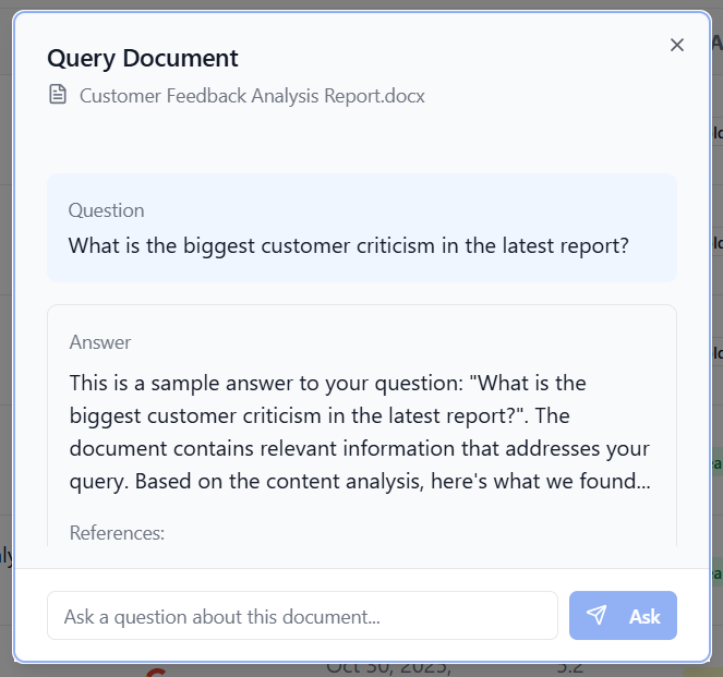 Query document interface showing question and answer with references